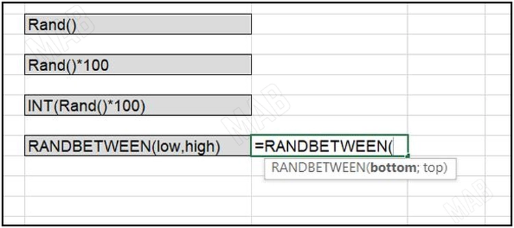 الدالة "RANDBETWEEN(=" لاضافة ارقام عشوائية
