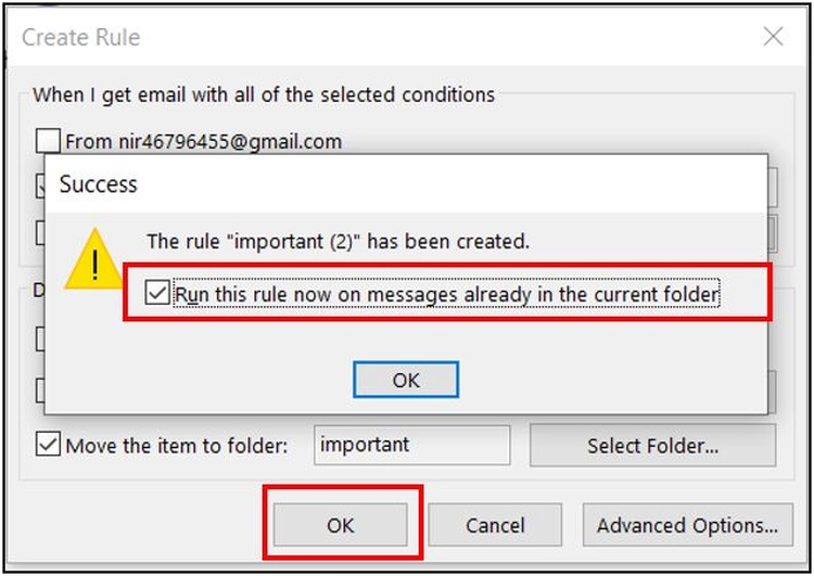 رسالة انذار لتطبيق شروط اوتلوك على الايميلات الموجودة في inbox