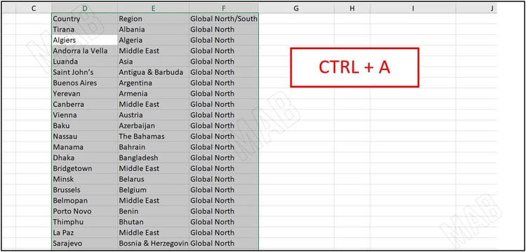 الاختصار "CTRL + A" لتحديد كامل المعلومات