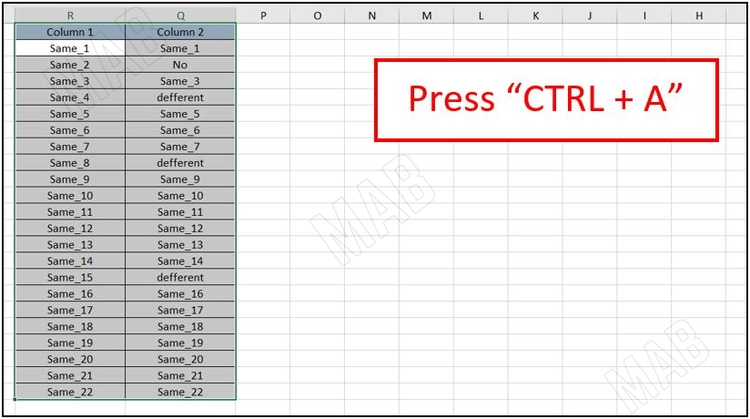 الاختصار "CTRL + A" لتحديد كامل الجدول