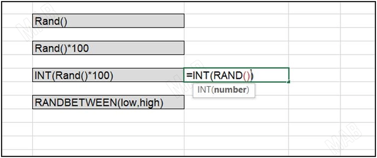كتابة الدالة "RAND()=" ضمن الدالة "INT()=" والتي تضيف ارقام عشوائية