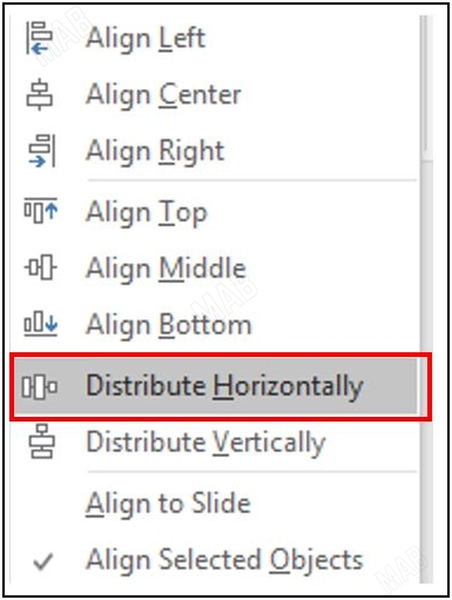 "Distribute Horizontally" لتوزيع الأشكال بشكل عرضي متساوي