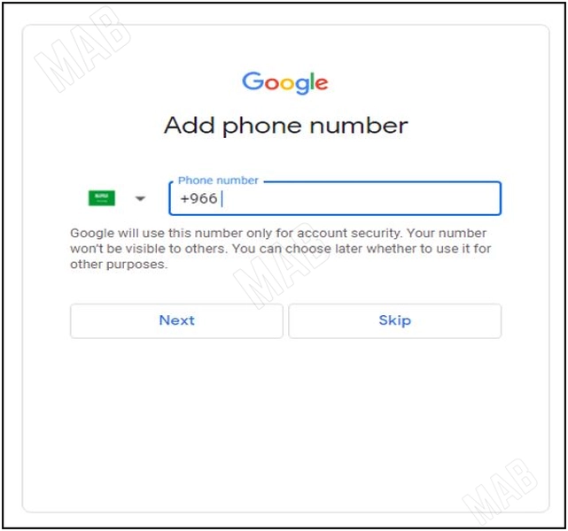 إضافة رقم هاتف أثناء انشاء حساب غوغل