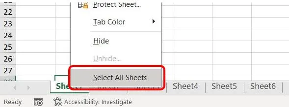خيار تحديد كل الصفحات (Select All Sheets)