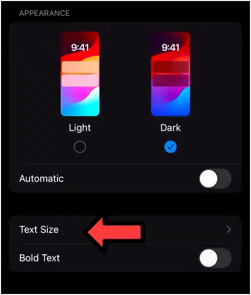 خيار تغيير حجم النص في ايفون " Text Size"